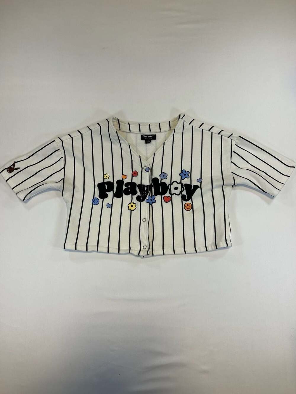 Playboy by PacSun Striped Floral Graphic Snap-Front Crop Top Size S